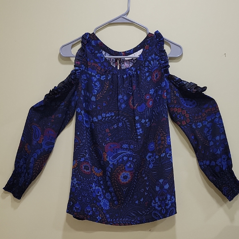 LOFT Navy and Royal Blue Floral Paisley Cold-Shoulder Top
